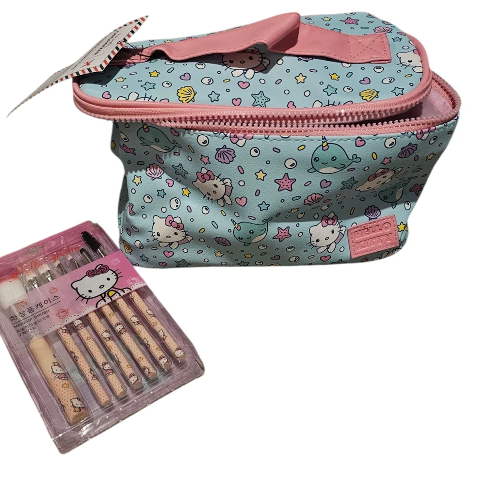 Bioworld Hello Kitty Blue and Pink Cosmetic Makeup Bag with Brush Set